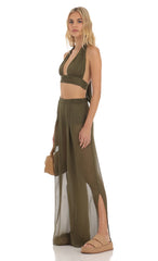 Gold Striped Three Piece Set in Olive Green