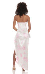 Floral Satin Corset Maxi Dress in White