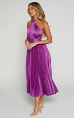 Eloise Midi Dress - Halter Neck Pleated Dress In Grape