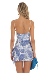 Paisley Ruffle Slit Mini Dress in White