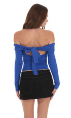 Ribbed Off Shoulder Back Tie Top in Blue