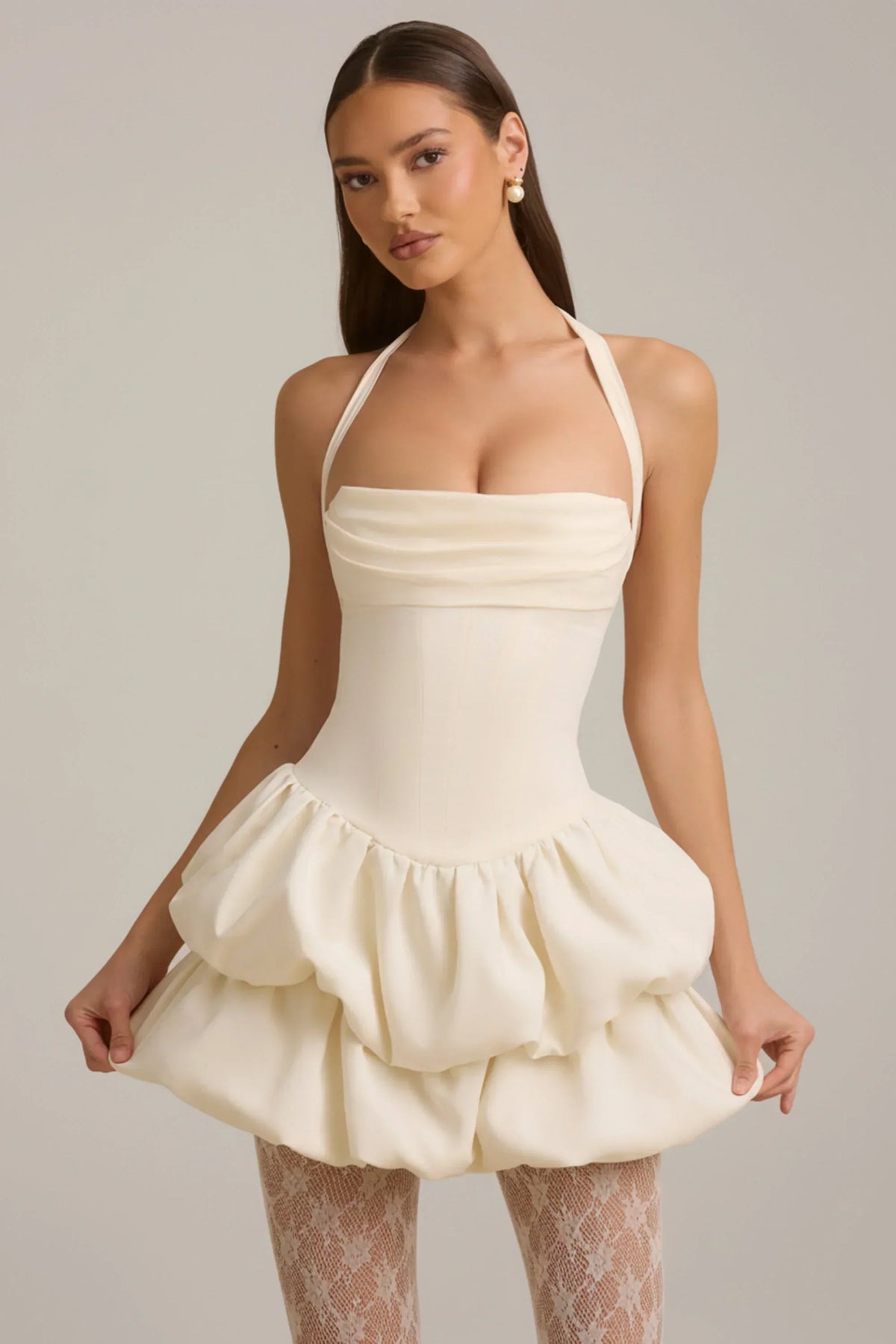 Halterneck Layered Bubble Hem Corset Mini Dress In Ivory