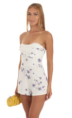 Purple Sakura Print Strapless Romper in White