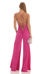 Ruched Sweetheart Bust Slit Jumpsuit in Fuchsia
