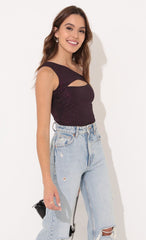 Asymmetrical Bodysuit in Black and Pink Shimmer