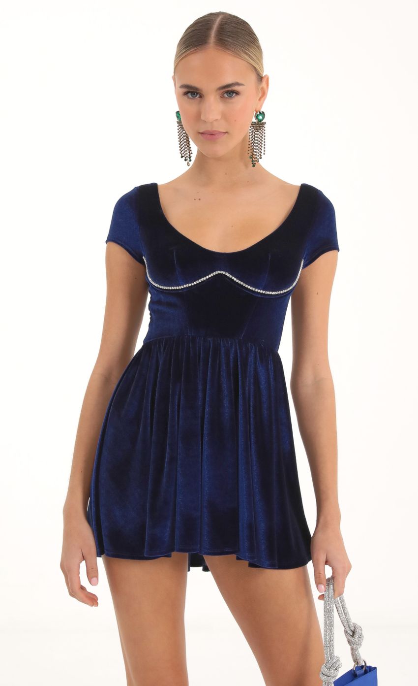 Rhinestone Velvet Corset Flare Dress in Navy