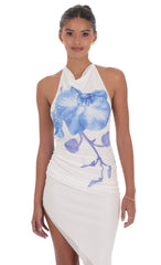 Floral Asymmetrical Midi Dress in White