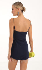 Crepe Rhinestone Trim Bodycon Dress in Navy