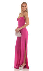 Ruched Sweetheart Bust Slit Jumpsuit in Fuchsia