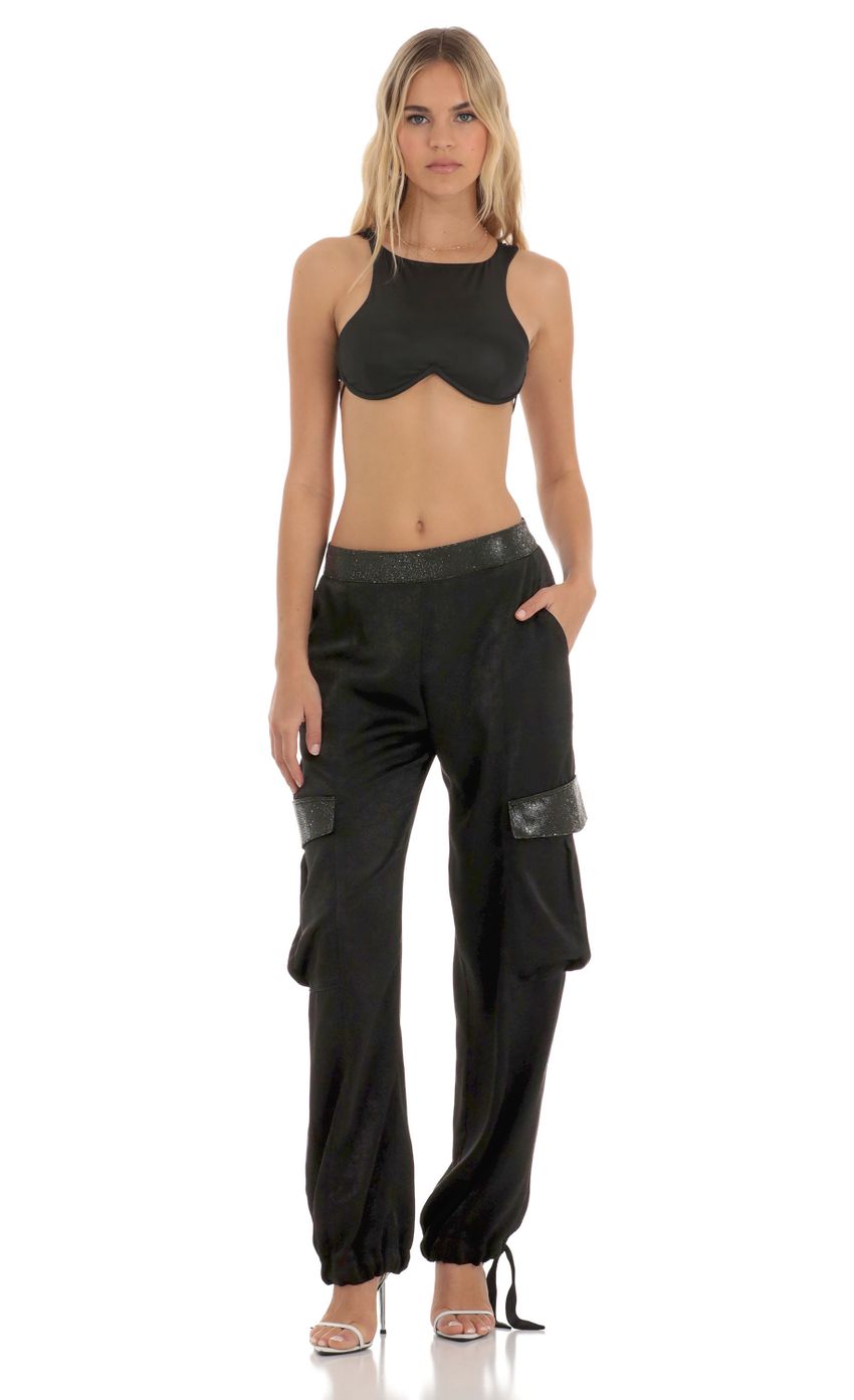 Rhinestone Satin Pants in Black