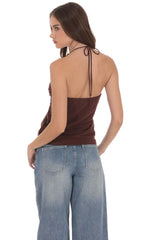 Mesh Plunge Two-Piece Tie Top in Brown