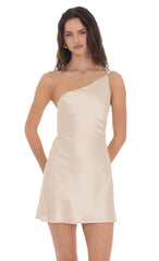 Satin One Shoulder Open Back Dress in Champagne