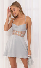 Satin Sequin Cutout Dress in Silver