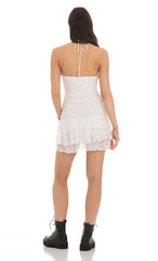 Halter Lace Ruffle Dress in White