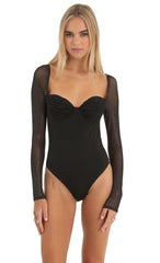 Glitter Mesh Long Sleeve Bodysuit in Black