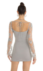 Floral Glitter Long Sleeve Bodycon Dress in Grey