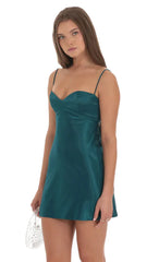 Satin Sweetheart Neck Dress In Teal Green