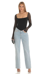 Diamond Glitter Square Neck Bodysuit in Black