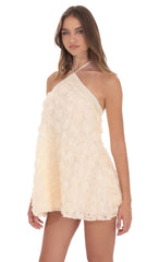Satin Trim Floral Halter Dress in Ivory