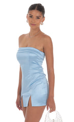 Satin Strapless Bodycon Dress in Blue