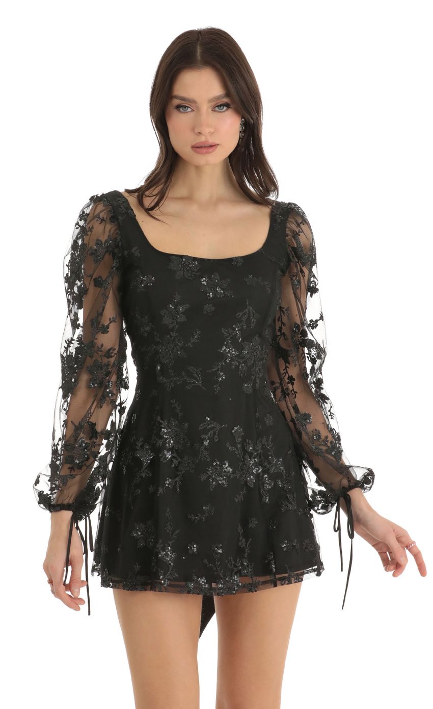 Floral Glitter A-Line Dress in Black