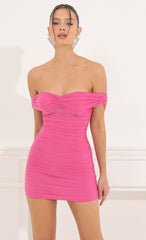 Mesh Off The Shoulder Dress in Pink
