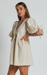 Rosita Mini Dress - Tie Front Puff Sleeve Dress In Stone