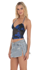 Mesh Floral Halter Top in Black and Blue