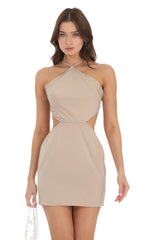 Rhinestone Halter Cutout Dress in Nude