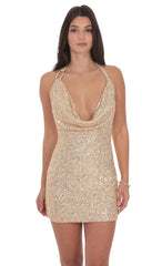 Sequin Plunge Cowl Neck Dress in Gold