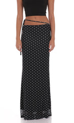 Mesh Polka Dot Wrap Maxi Skirt in Black