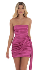 Satin Ruched Tassel Dress in Magenta