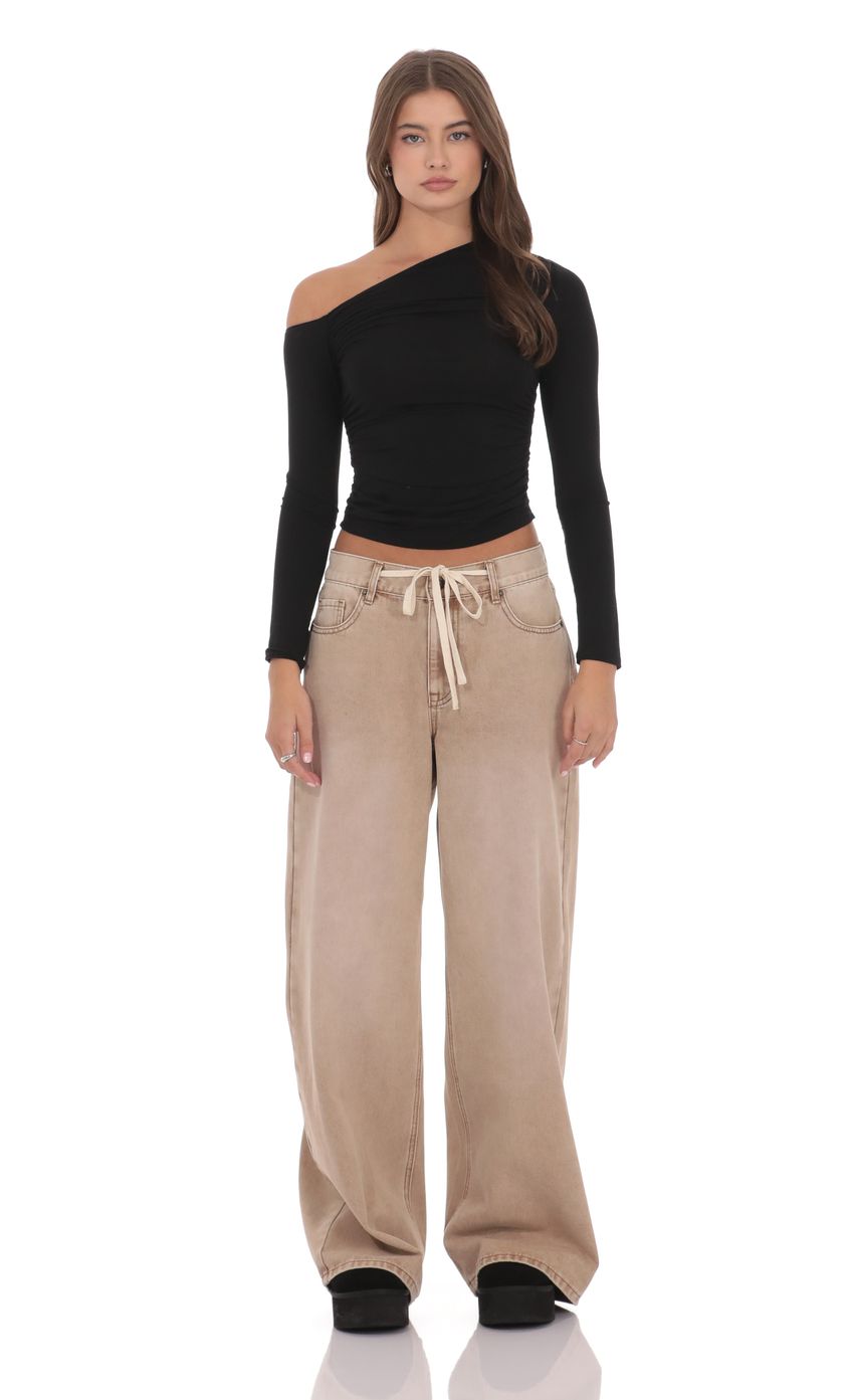 Drawstring Wide Leg Jeans in Camel