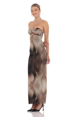 Swirl Mesh Cutout Maxi Dress in Coffee