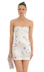 Satin Floral Lace Strapless Dress in White