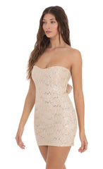 Sequin Lace Strapless Dress in Beige