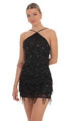 Fringe Sequin Open Back Dress in Black