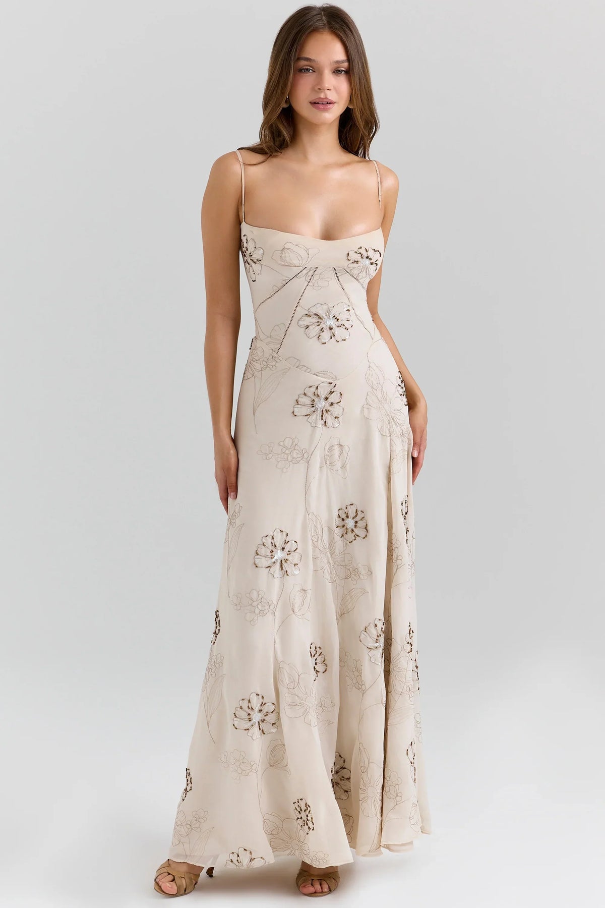 Vanilla Embroidered Hand Beaded Floral Maxi Dress