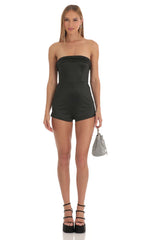 Satin Strapless Romper in Black