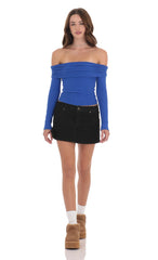 Ribbed Off Shoulder Back Tie Top in Blue