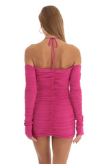 Cold Shoulder Ruched Dress in Hot Pink