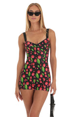 Hook and Eye Romper in Black Cherry Print