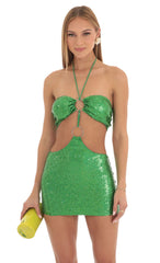 Iridescent Sequin Halter Dress in Green