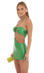Iridescent Sequin Halter Dress in Green