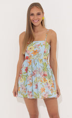 Floral Chiffon A-line Dress in Blue
