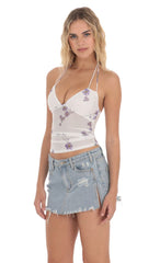 Mesh Floral Halter Top in White