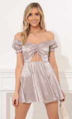 Off Shoulder Puff Sleeve Dress in Floral Grey