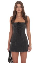 Denim Polka Dot Bow Dress in Washed Black