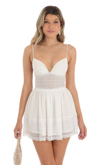 Dotted Chiffon Dress With Lace Inserts in White