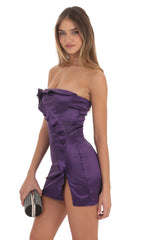 Satin Flower Ruffle Slit Dress in Purple